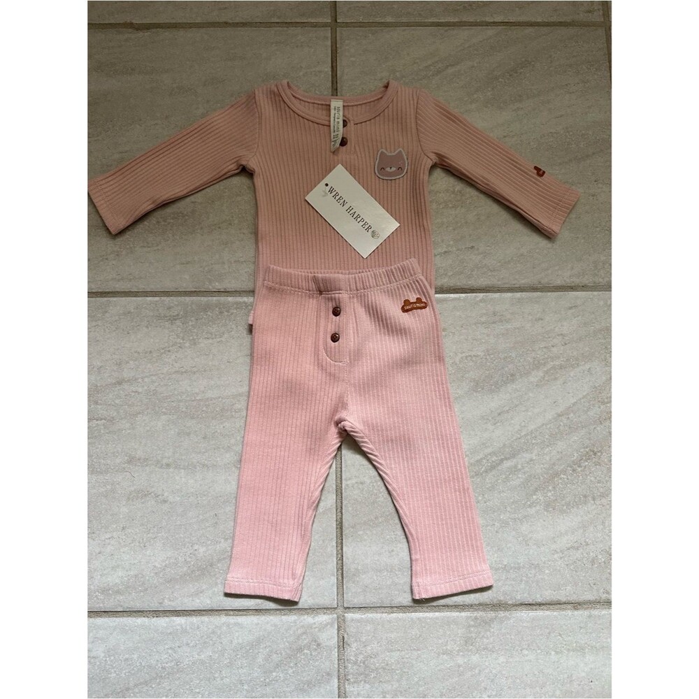 Wren Harper Blush Pink Ribbed Henley Baby Bodysuit with Pants Set Size 0-3 M NWT